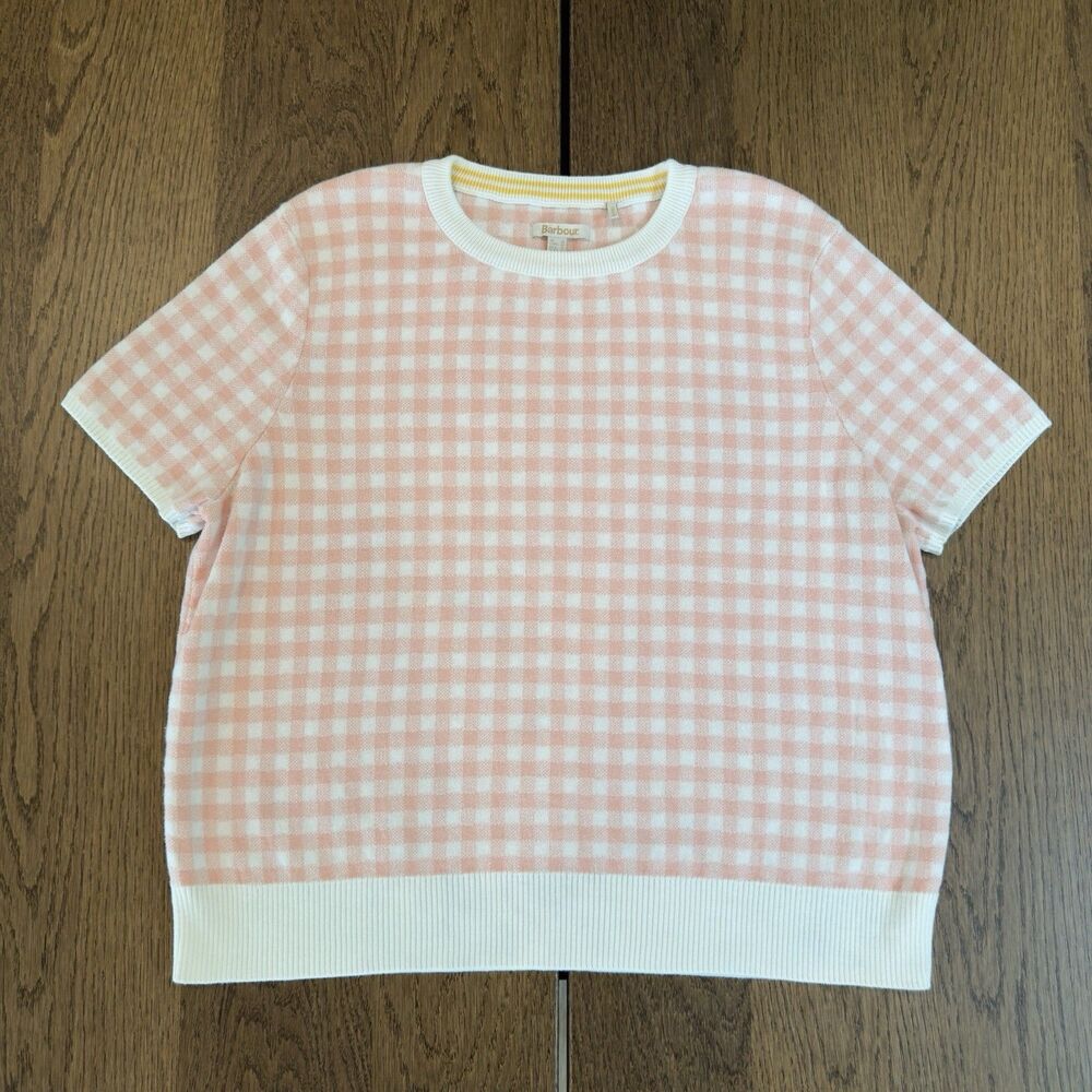 Barbour Tidepool Knit Short Sleeve Jumper Top Womens Sz 12 Pink Cream Gingham